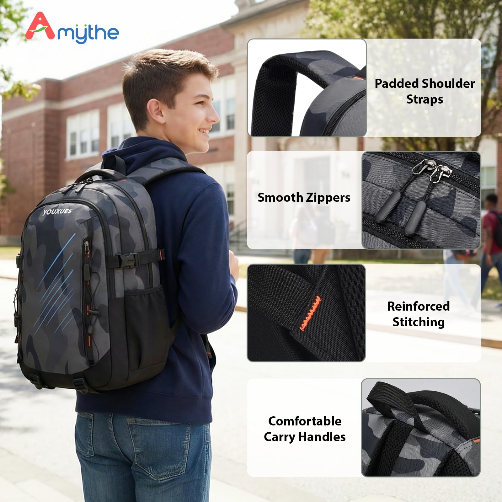 Amythe Sac à Dos Collège Garçon – Cartable Adolescent Léger et Imperméable – Grand Sac d'École Camouflage pour Garçons 12+ Ans, 15.6 Pouces – Pour l'École, Voyager, Quotidien