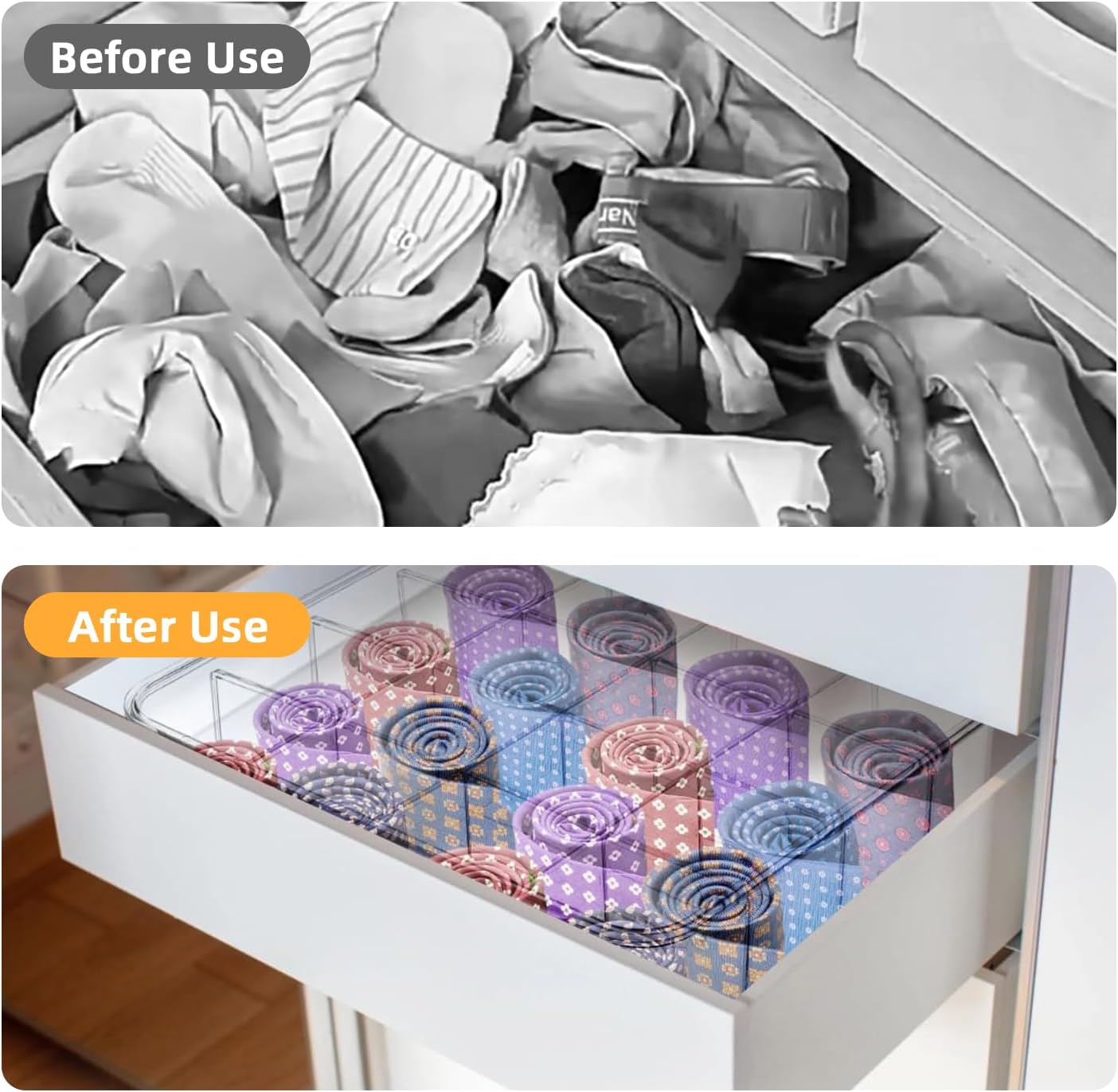 Tie Organizer Dividers Box, 16 Compartment Sock Underwear Drawer Organizer with Lid, Removable Divided Drawer Wardrobe Storage Box for Tie, Bra Storage (16-Cell)