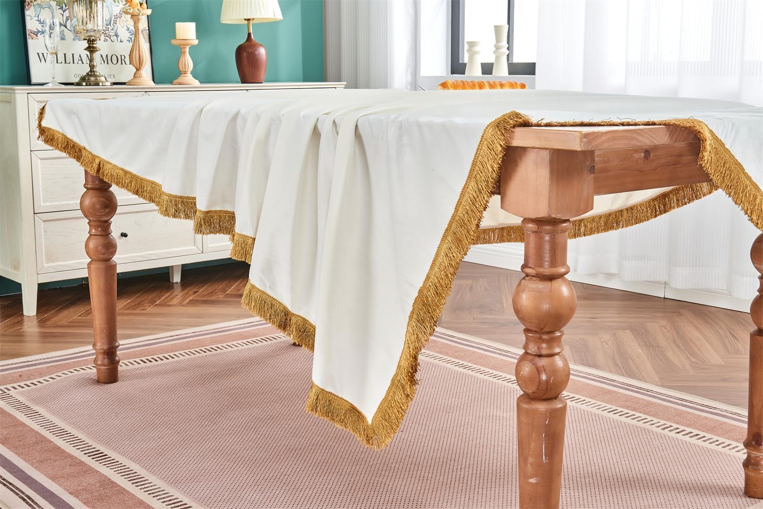 Velvet Tablecloth Luxurious White Rectangle Table Tablecloth Thickset with Luxurious Gold Tassels Table Cloth for Home Decor Christmas Wedding, Party, Banquet and Events 55X86inch