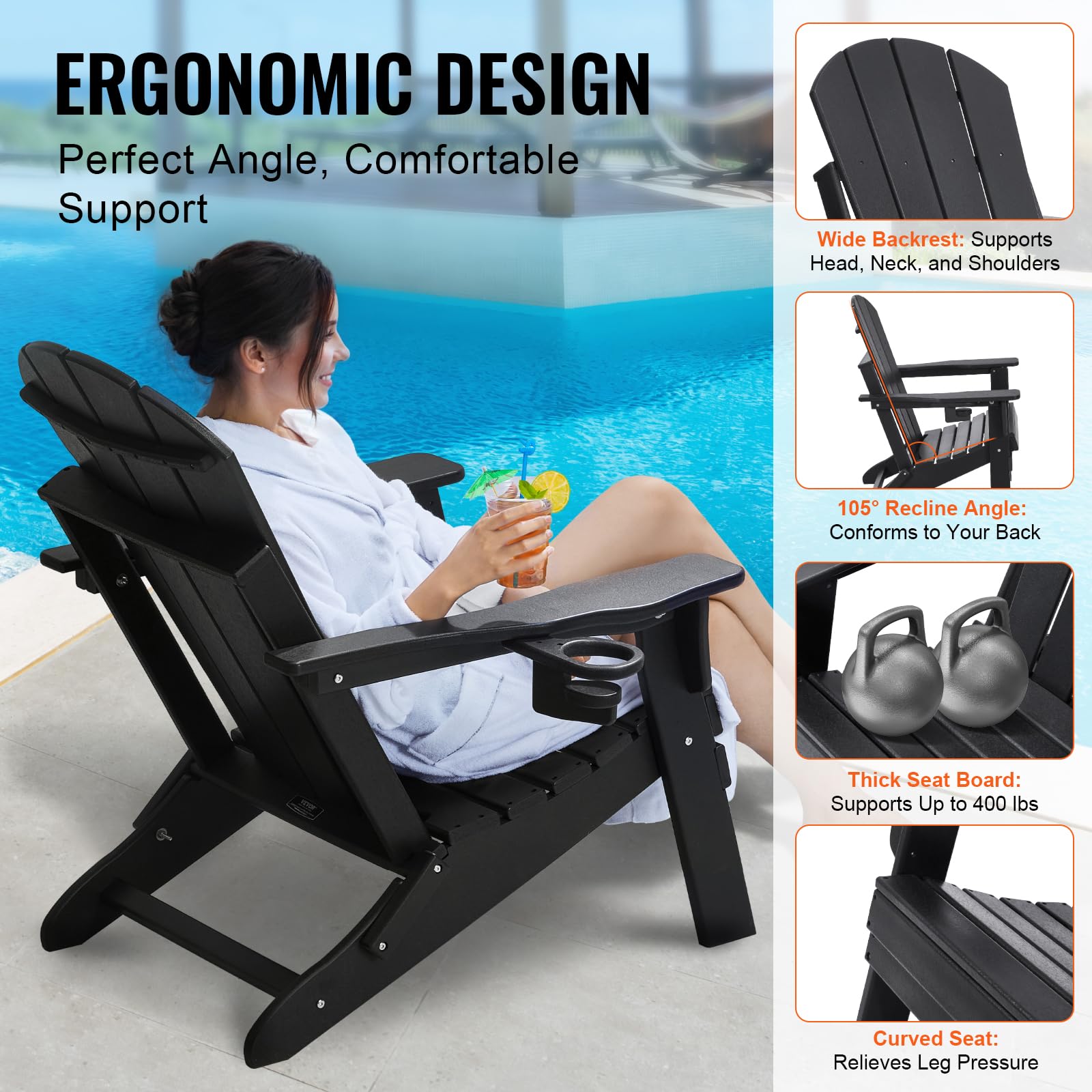 VEVOR Adirondack-Stuhl aus Kunststoff, 2er-Set, wetterfest, tragbar, klappbar, Feuerstellenstuhl, Adirondack-Terrassenstuhl für den Außenbereich mit Getränkehalter