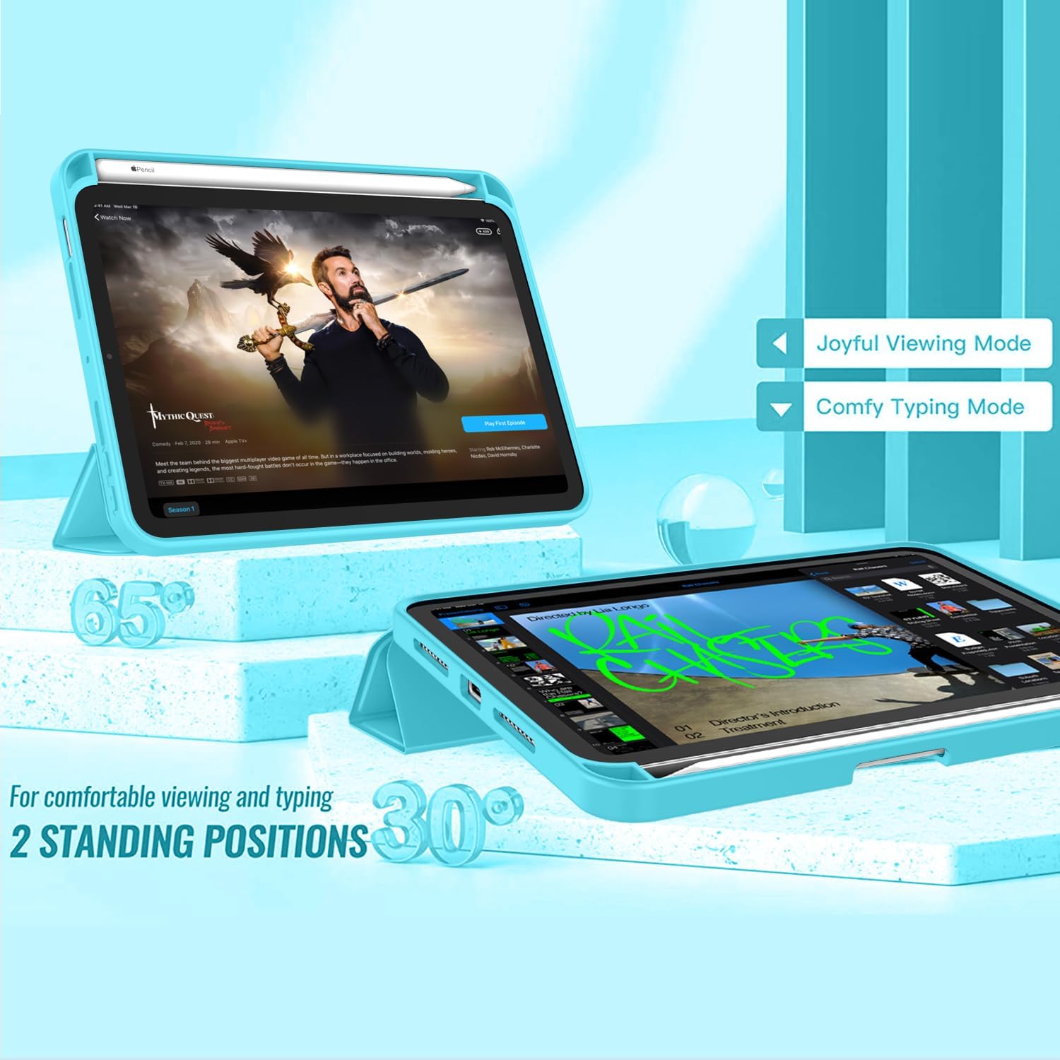ZryXal for iPad mini 7 Case A17 Pro 2024/iPad Mini 6 Case 2021 8.3 Inch with Pencil Holder, iPad mini 7th/6th Generation Case with Soft TPU Back and Auto Sleep/Wake, Cyan image 2