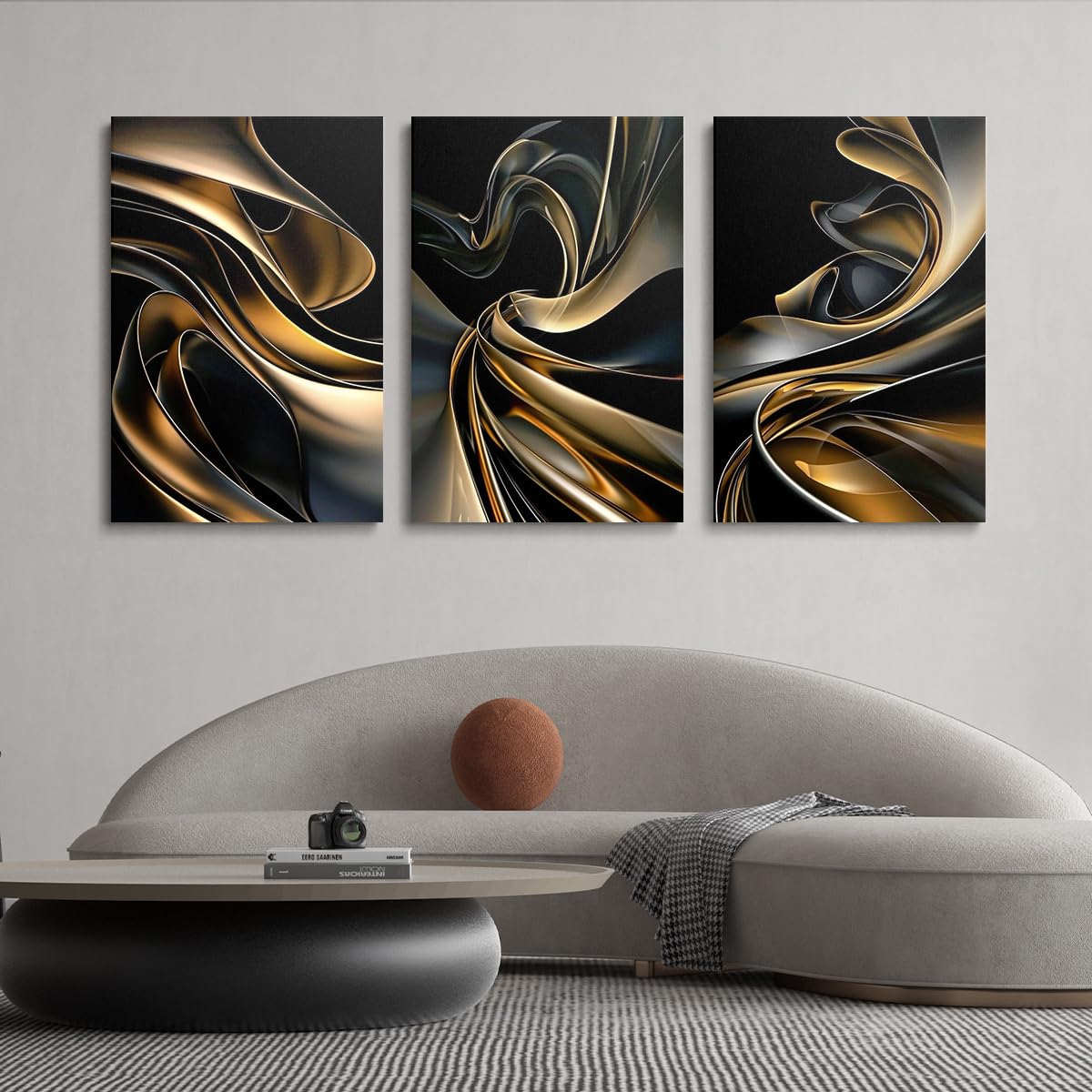 Lámina decorativa de diseño abstracto con remolinos negros y dorados en tridíptico 20x30cm