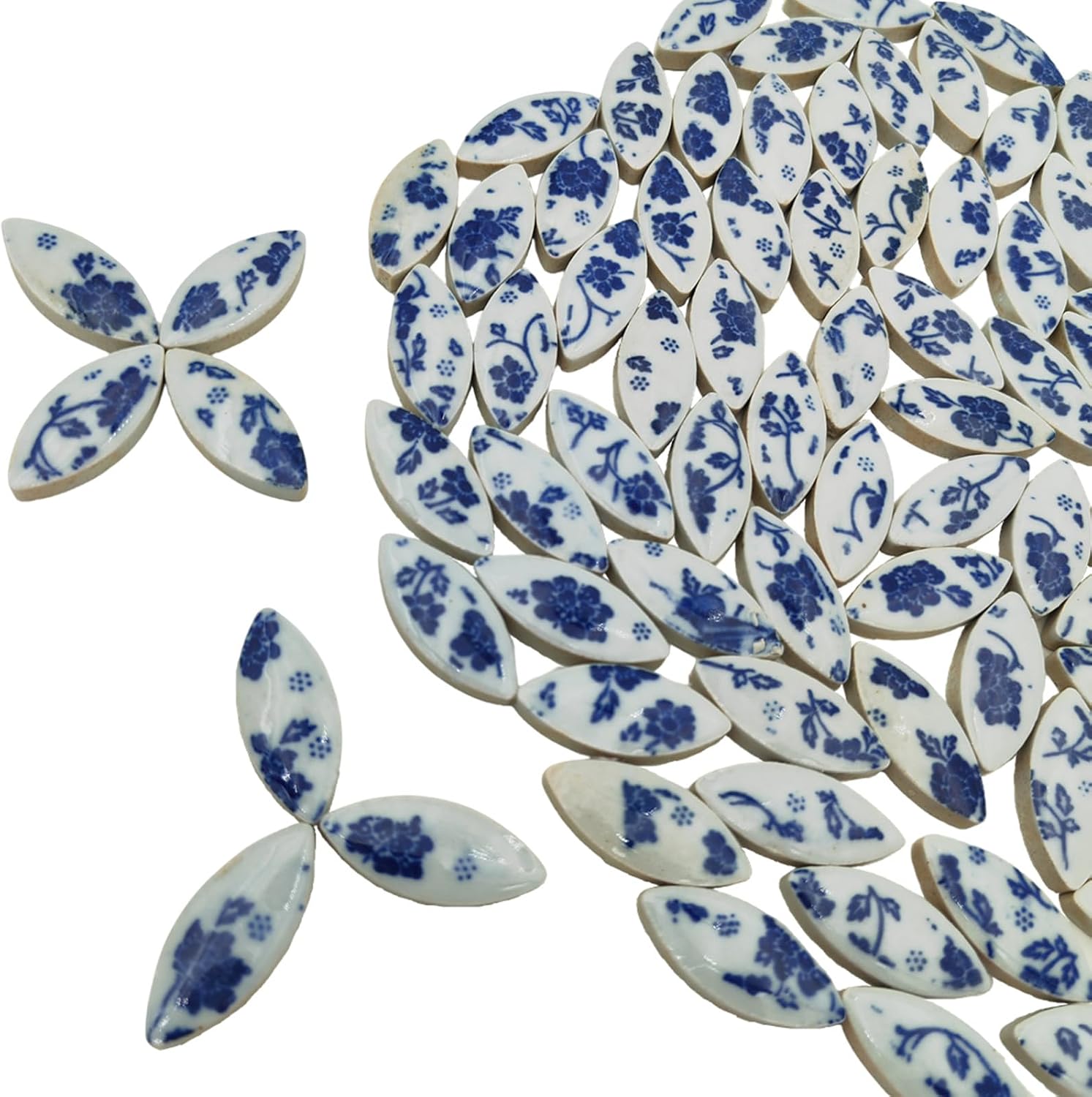 1.1lb Ceramic Mosaic Tiles for Crafts, Leaf Mosaic Pieces Porcelain Mosaic Tiles for Mosaic DIY, Stained Ceramics Supplies (Blue Flower)