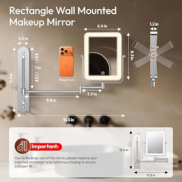 7 Height Adjustable Wall Mounted Lighted Makeup Mirror with Lights | 10X Magnifying Mirror for Bathroom, 7in Slide Rail, 360 Extended Arm, Rechargeable Wall Mirror with Dual Hooks for Hotel