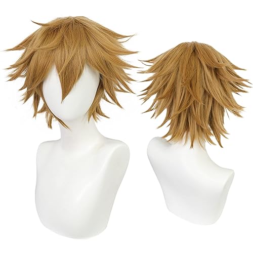 Anogol Gorra de peluca + peluca marrón para cosplay, pelucas onduladas cortas en capas para niño, para fiesta de disfraces, peluca para Halloween