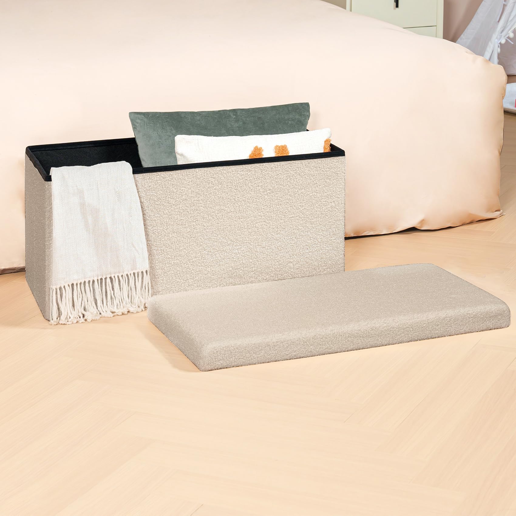 Bonlife Faltbarer Sitzhocker mit Stauraum, Faltbare Sitzbank, Webpelz Fußbank Truhen Aufbewahrungsbox, Fleece, Beige,80x40x40cm
