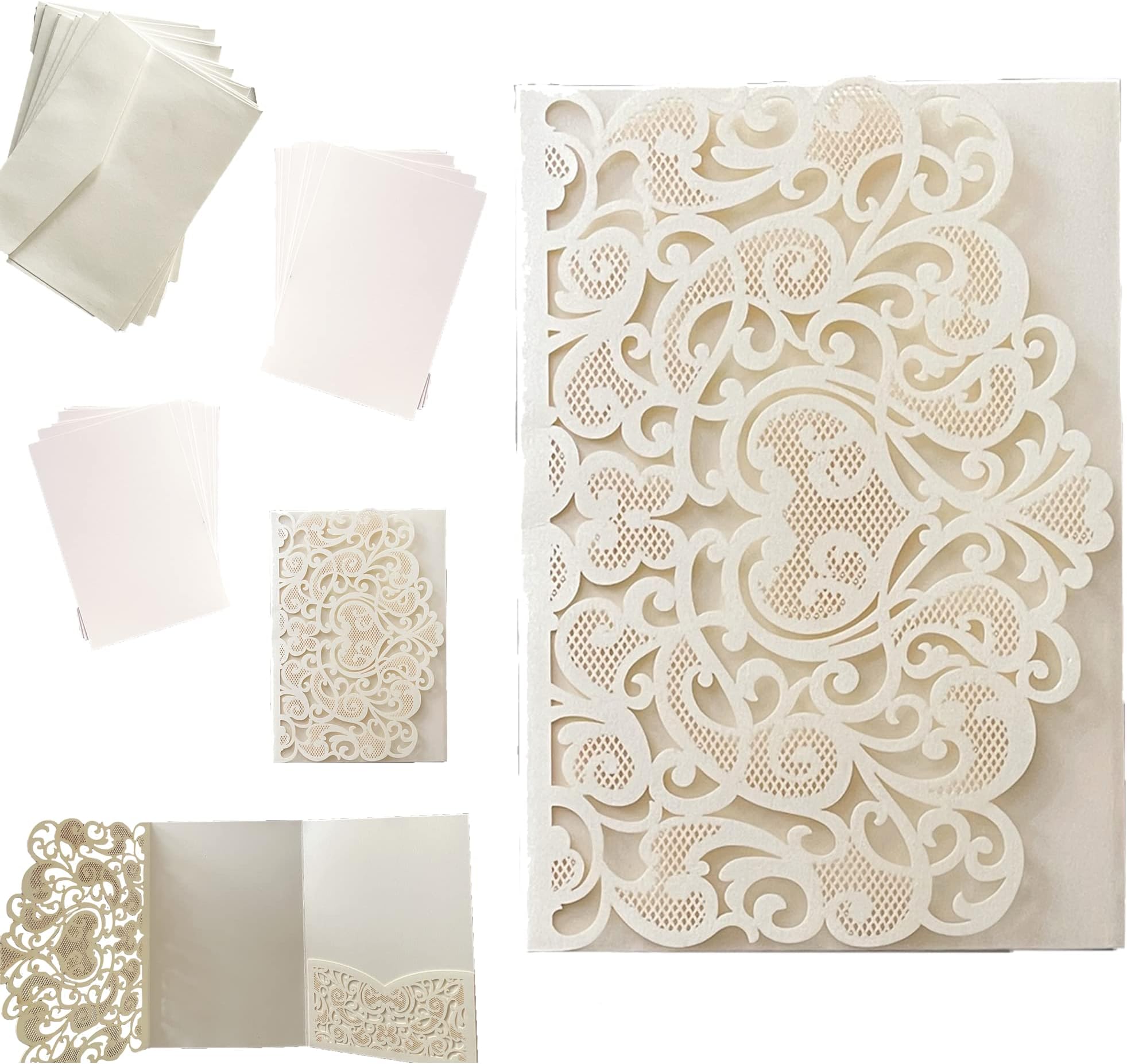 Imagine DIY Pack of 10 Blank Laser Cut Invitations, Inserts and Envelopes in Ivory | Amelie Ivory DIY pocket fold invitation packs for wedding, party and event |
