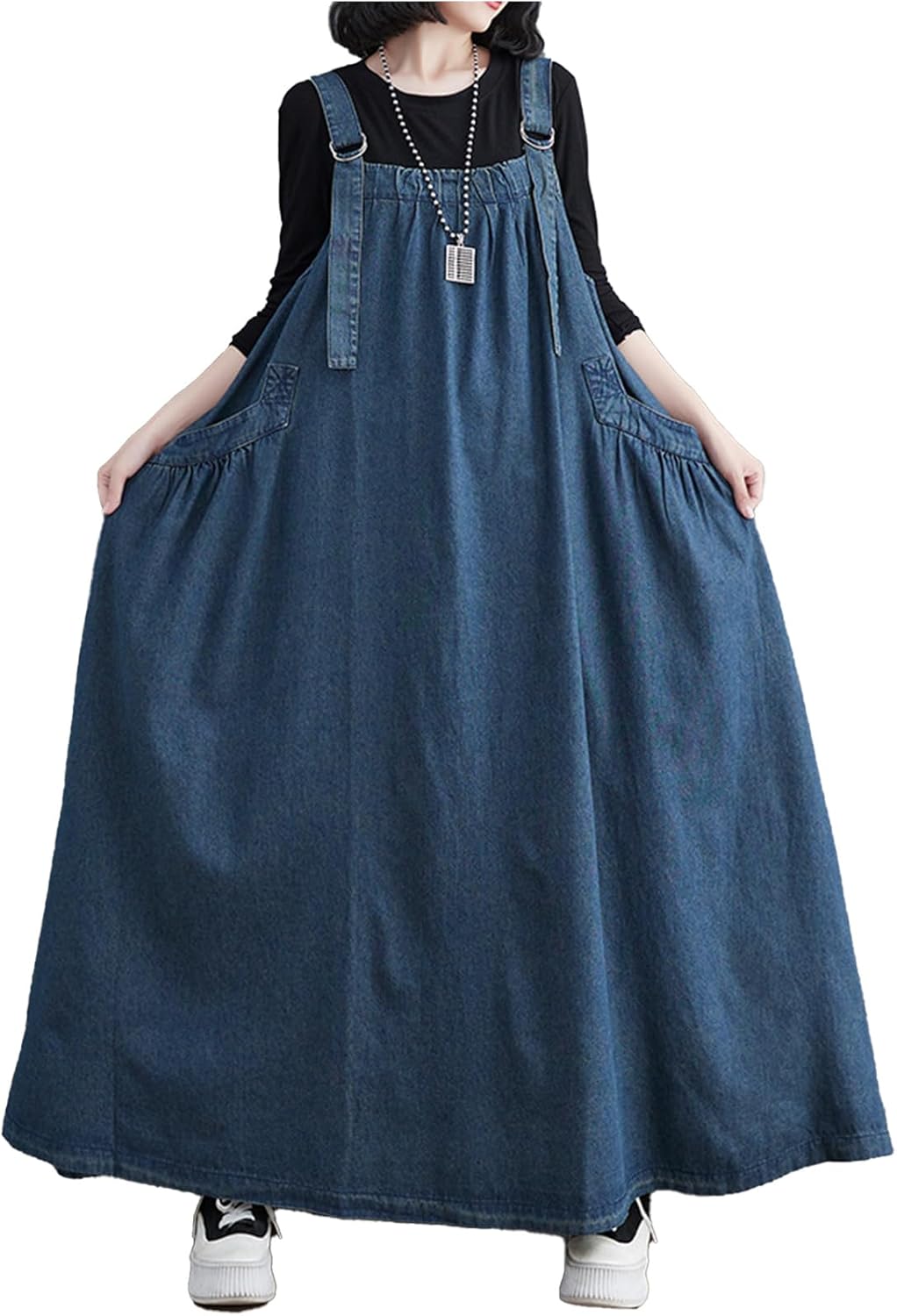 Denim Jumper Dress for Women Maxi Loose Adjustable Straps Long Jean Dresses Plus Size Overall Dress with Pockets - Image 2