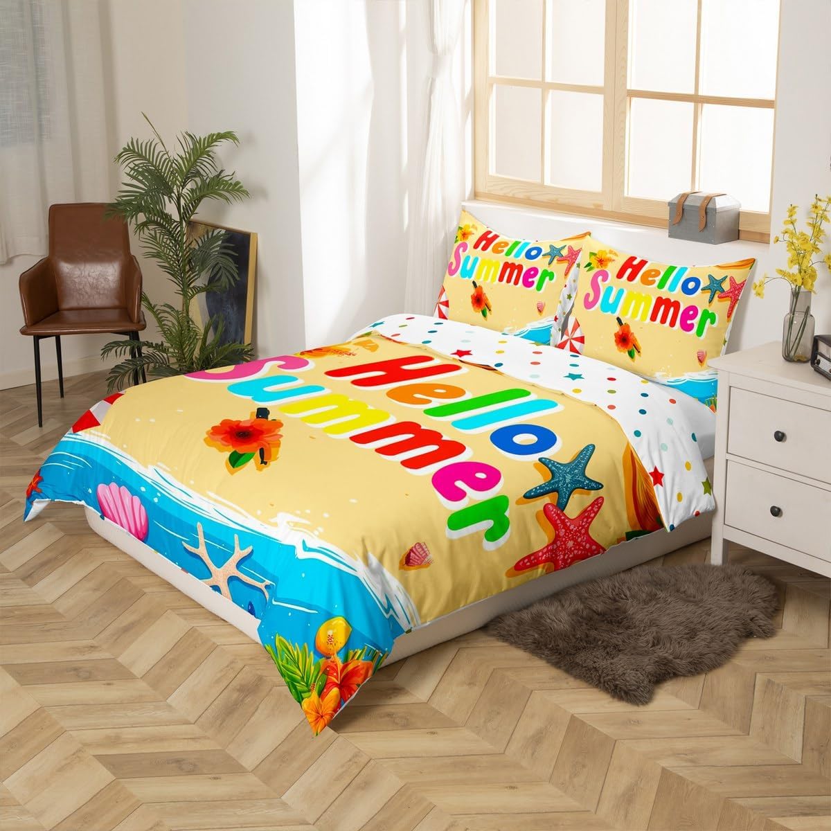 Ocean Beach Duvet Cover Toddler Size Hawaiian Summer Comforter Cover for Teens Adults Kids Starfish Shell Sealife Bedding Set Tropical Flower Botanical 2 Pieces Decorative Bed Cover(No Comforter)