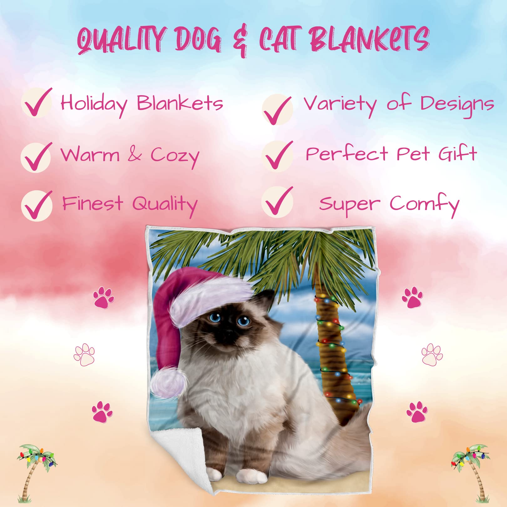 Doggie of the Day Birman Cat Blanket - Christmas Summertime Beach - Super Soft & Warm Pet Theme for Sofa or Bed, Warm Fleece, Sherpa or Woven Material, BLNKT87311 (30x40 Fleece)