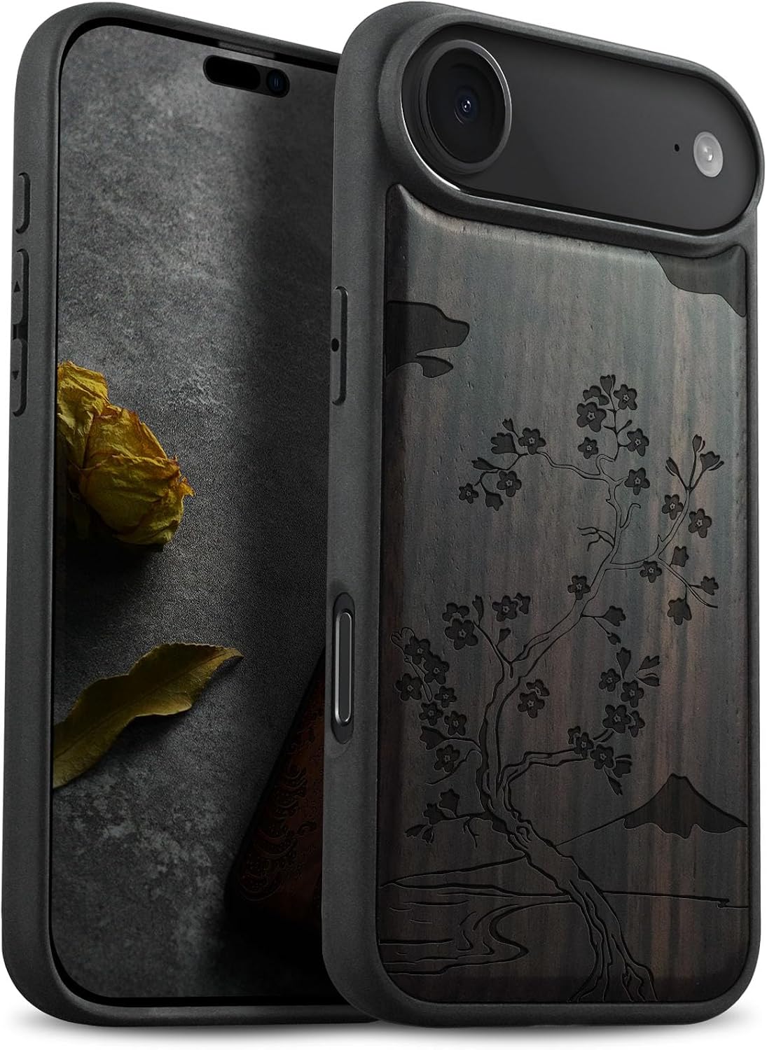 Carveit Magnetic Wooden Case for iPhone Air Case, Wood Artisan Engraved & Soft TPU Shockproof Cover, Compatible with MagSafe 17 Air Wireless Chargers (Cherry Blossom with Mount Fuji) Blackwood