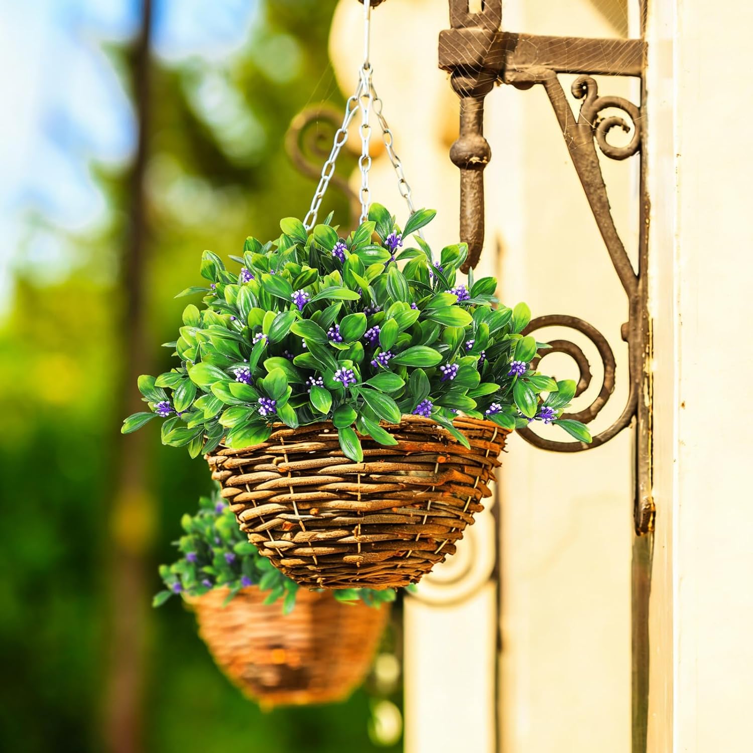 SJL Artificial Flowers for Spring Realistic Fake Plants with Greenery Stems, UV Resistant Plants Plastic Floral Arrangement for Outside Window Box Front Porch Hanging Planter Home Decoration(Purple)