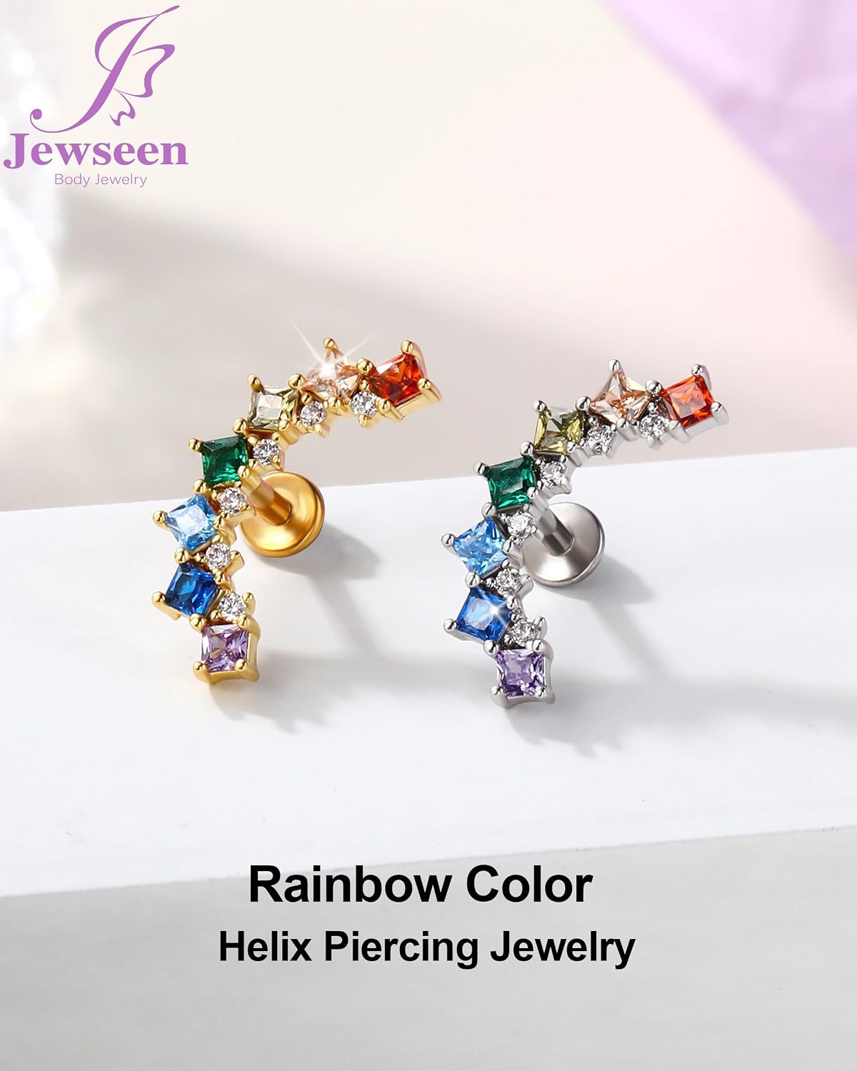 Jewseen Timeless Collection—Princess Cut 5A Grade Shiny Zircon Stud Earring for Cartilage Helix Tragus Lobe Lip Labret Surgical Steel Internal Threaded 16G 6mm Piercing Jewelry