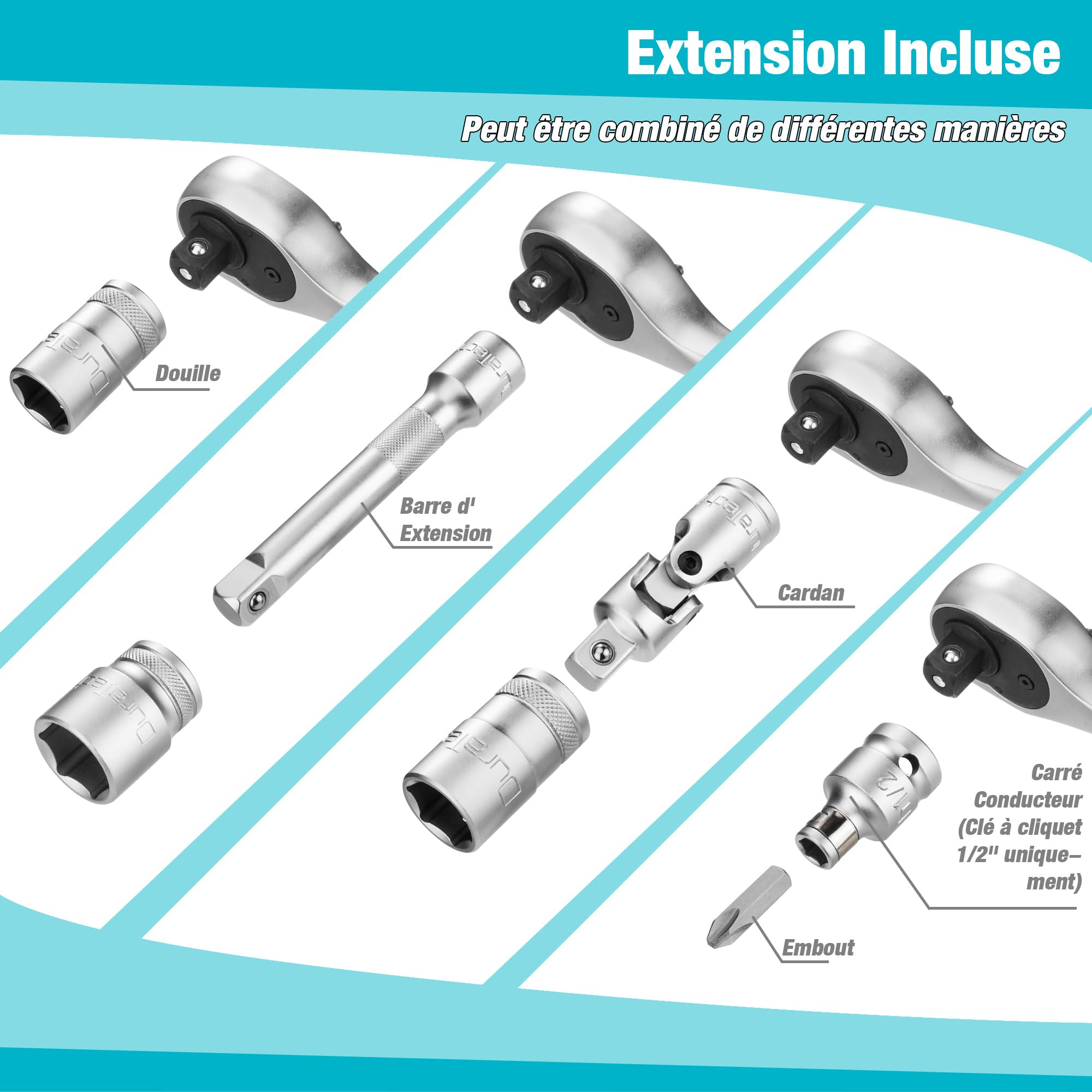 DURATECH Coffret de Douilles Embouts et Clés à Cliquet 108 pièces | Cliquet Réversible 1/2" et 1/4", Rallonges, Embouts, Douilles, Acier au Chrome-vanadium, pour Réparation Voiture