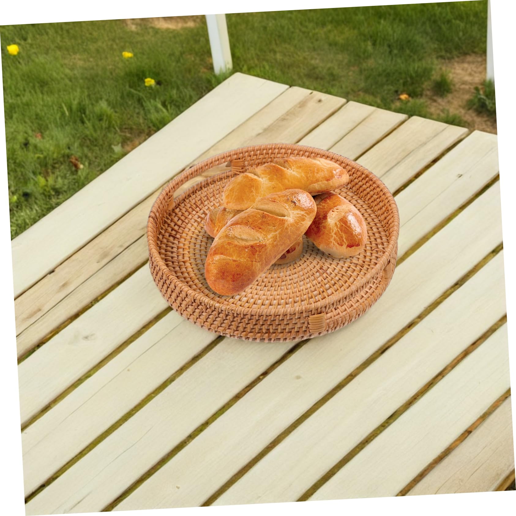 COLLBATH Rund Gewebtes Rattantablett mit Hohlen Griffen Leichter Tragbarer Brotkorb und Obstkorb aus Natürlichem Rattan für Wohnzimmer und Outdoor Rustikaler Charme