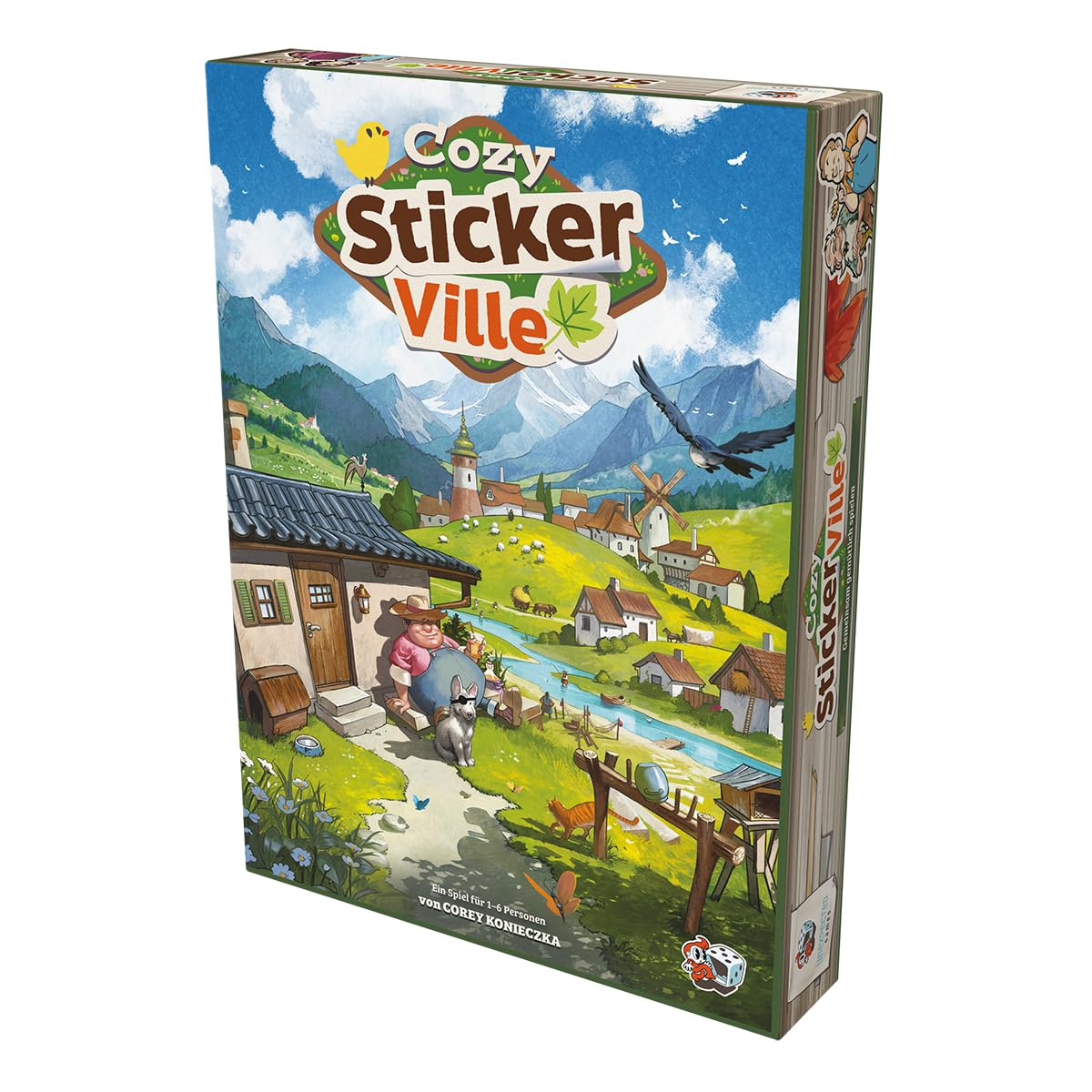 Asmodee, Cozy Stickerville, wersja DE, kooperacyjna gra rodzinna dla 1-6 graczy od 8 lat, gra planszowa z 30-60 minutami gry na grę