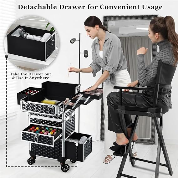 Makeup Suitcase Rolling Makeup Case with Wheels Drawers Large Professional Cosmetology Trolley Travel Cosmetic Storage Train Cases for Women
