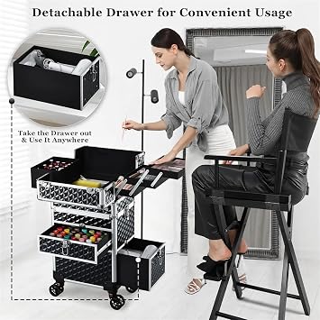 Makeup Suitcase Rolling Makeup Case with Wheels Drawers Large Professional Cosmetology Trolley Travel Cosmetic Storage Train Cases for Women