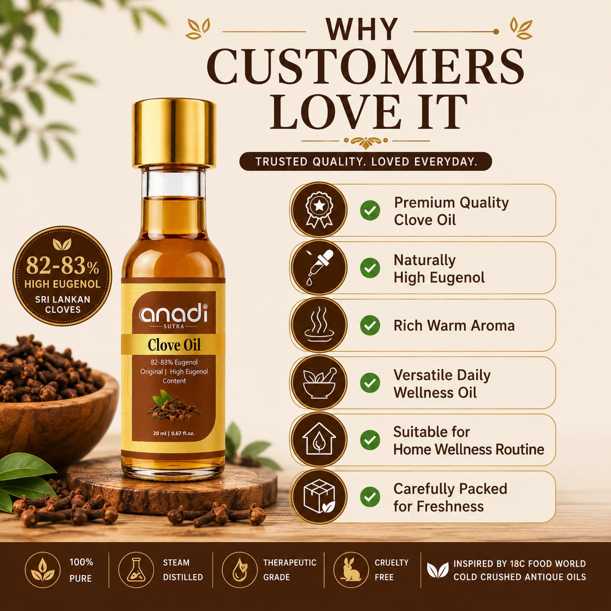 Anadi Sutra Pure Clove Essential Oil 20ml | Natural Lavang Oil (Laung Tel) | Lab Tested 75β80% Eugenol Sri Lankan Clove Oil | Undiluted Oil for Teeth, Gums, Oral Care, Skin, Hair, Acne & Aromatherapy 4