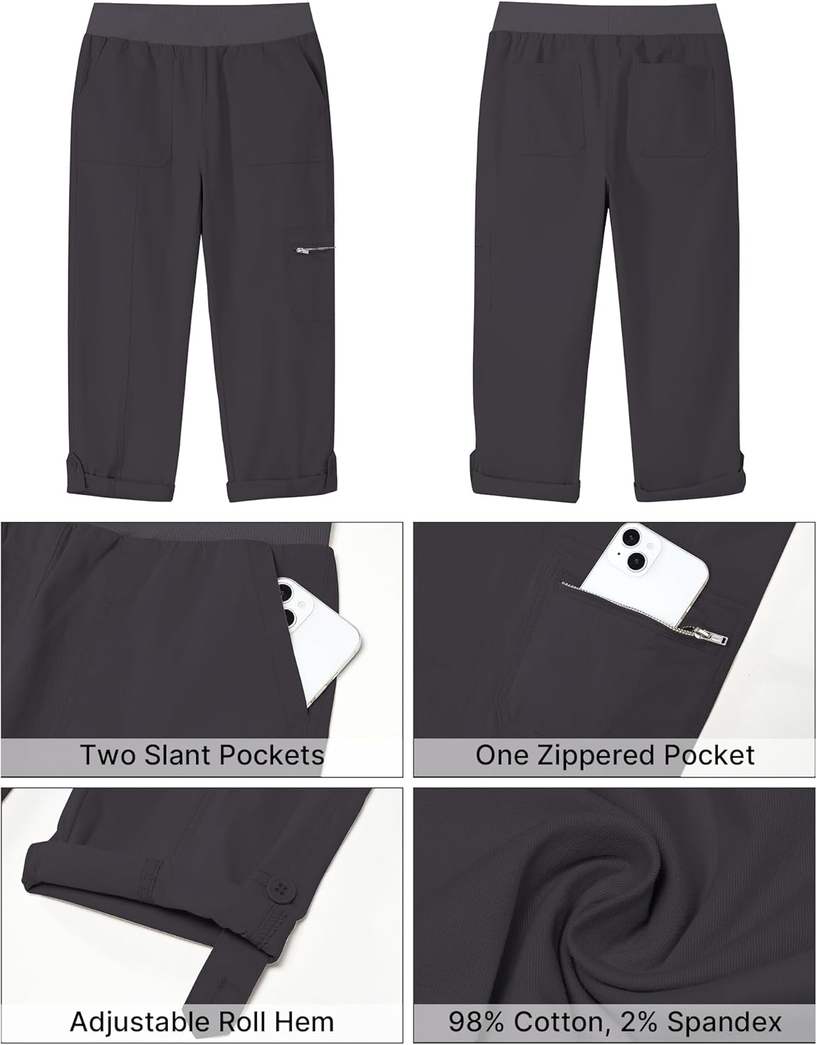 GRAPENT Capri Cargo Pants for Women High Waisted Pull On Elastic Waist Stretch Twill Fold Hem Capris Pants with Pockets - Image 5