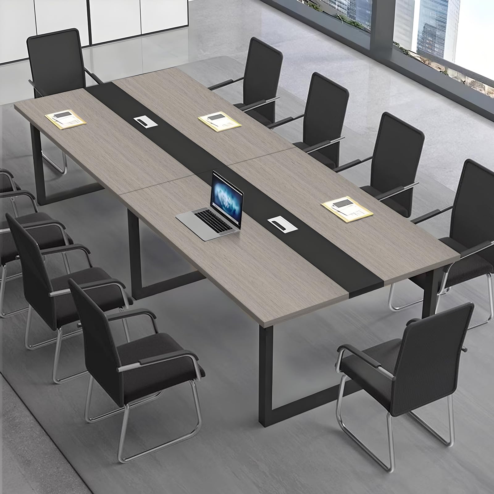 Tavolo da conferenza moderno per 8-12 persone, tavolo riunioni Slish con cavo, metallo nero, tavolo versatile in legno per allenamento e seminari per ufficio e sale conferenze