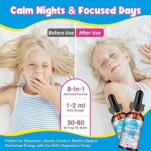 Miniatura 6 de Gotas líquidas de glicinato de magnesio para niños con omega-3, ashwagandha, vitamina B6, D3, K2, calcio y manzanilla, gotas de magnesio para