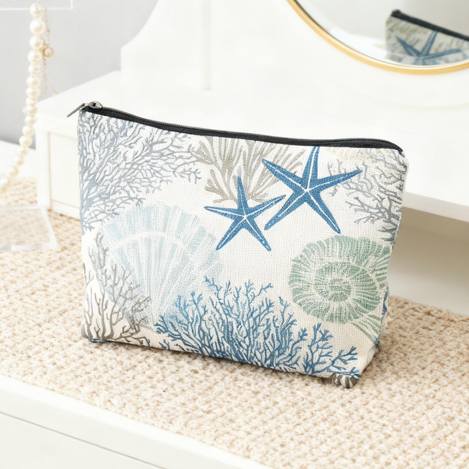 Cute Beach Travel Makeup Bag – Thick Linen Double-Sided Print, Coral Starfish Print Designs, Sweet Presents for Birthday Holiday Friend Women