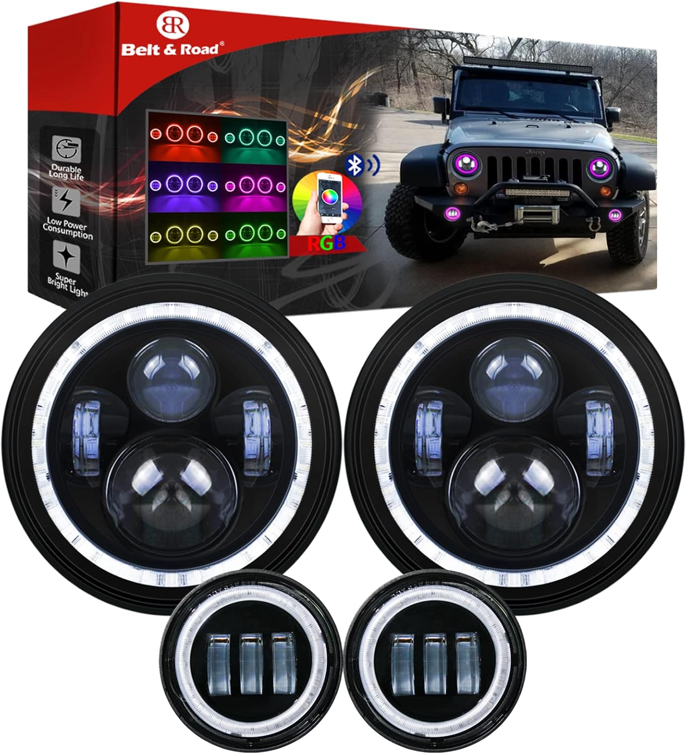 BeltandRoad DOT Approved 7" RGB Halo Wrangler Headlights
