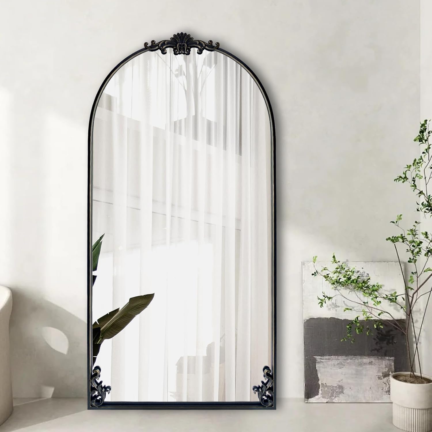 POZINO Arched Wall Mirror, 22"x47" Ornate Carved Mirrors, Black Vintage Mirror with Metal Frame, Large Elegant Decorative Mirrors for Living Room Mantel Bathroom Bedroom Entryway