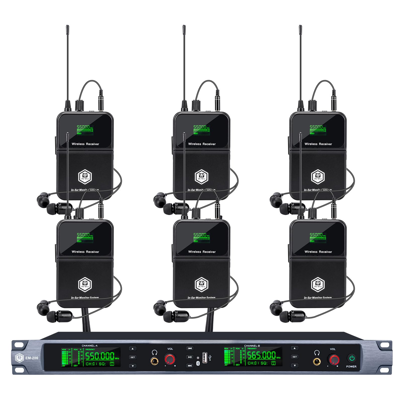 EM200 UHF Kabelloses In-Ear-Monitorsystem 2 Kanal mit 6 Körpersendern – IEM System für Musiker, Bühne, Bandprobe, Live Auftritt, Studio und Kirche