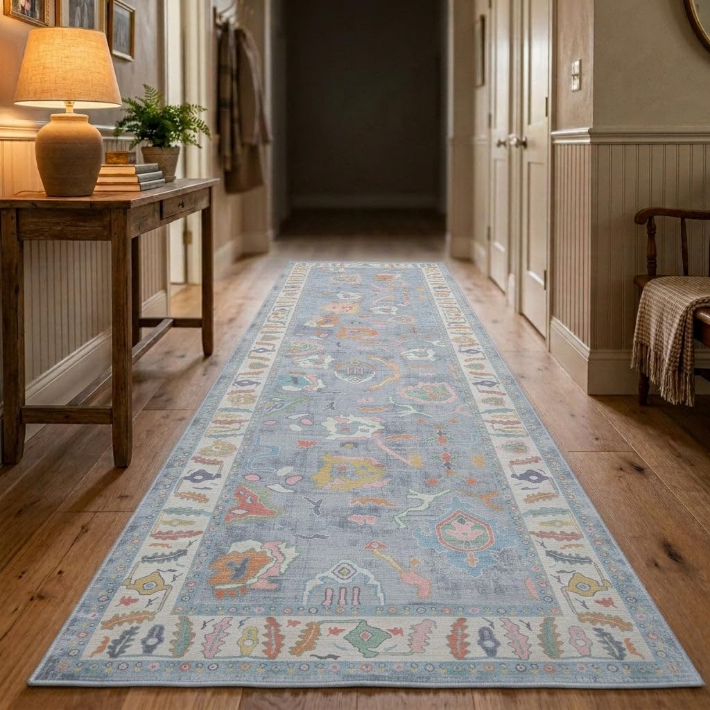 Fame Rugs Blue Modern Oushak Rug 2'6"x7', Washable Vintage Turkish Colorful Oriental Antique Inspired Foldable Small Runner Rugs, Luxury Living Room Bedroom (381LB, 2'6" x 7')