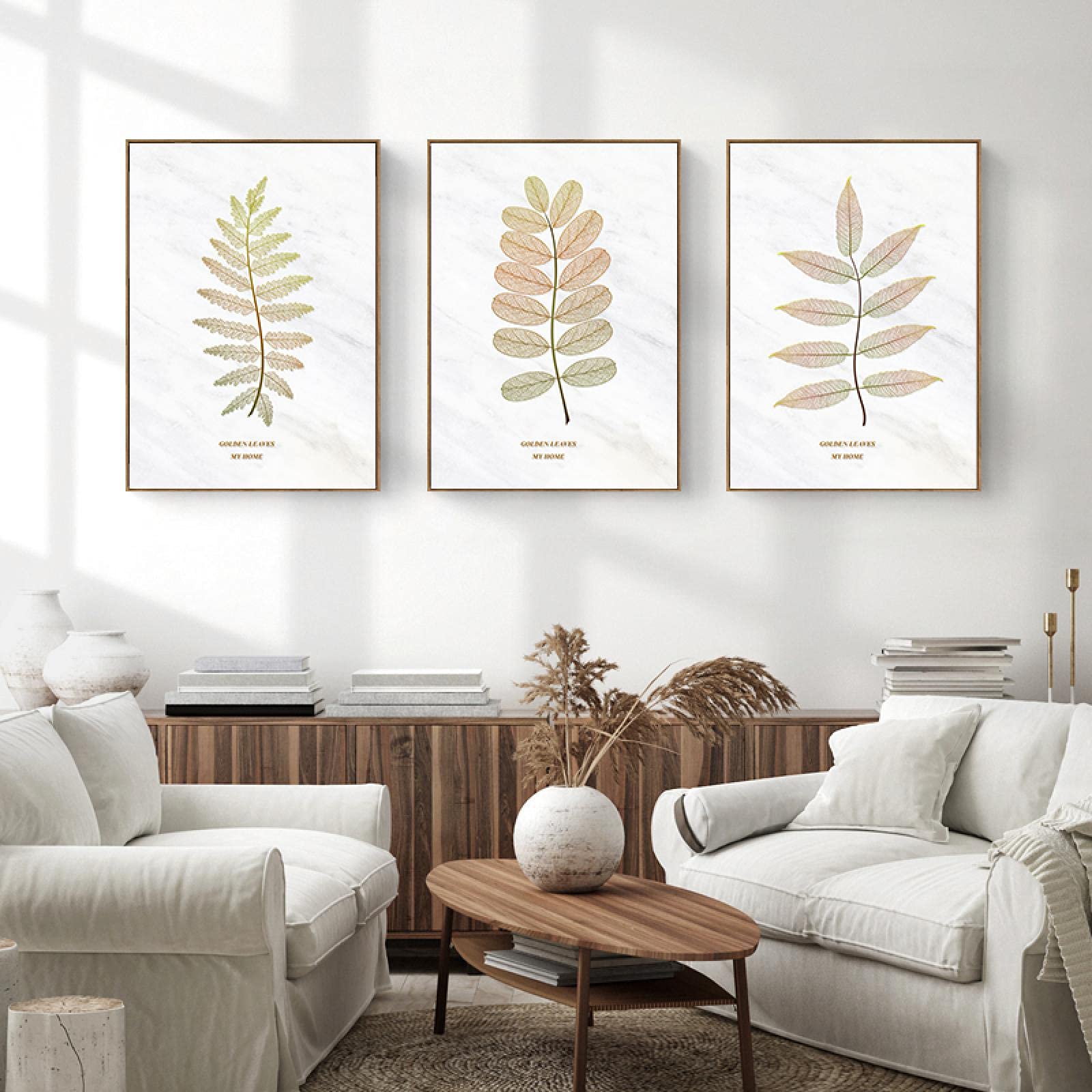 Feuilles d'or sur toile triptyque pour illuminer un mur vide et sombre de séjour - 6