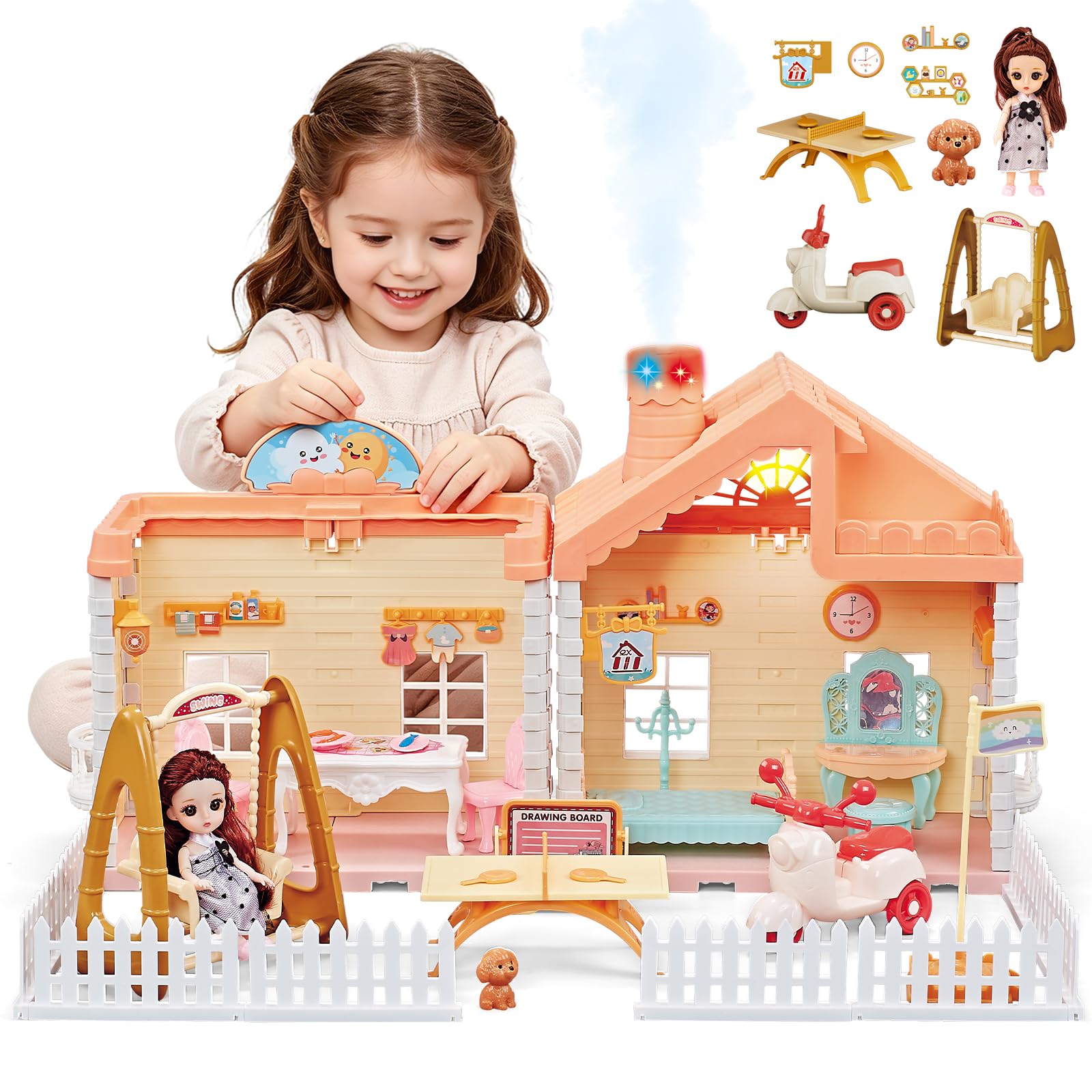 deAO Casa Delle Bambole per Bambine, con Luci ed Effetti di Fumo