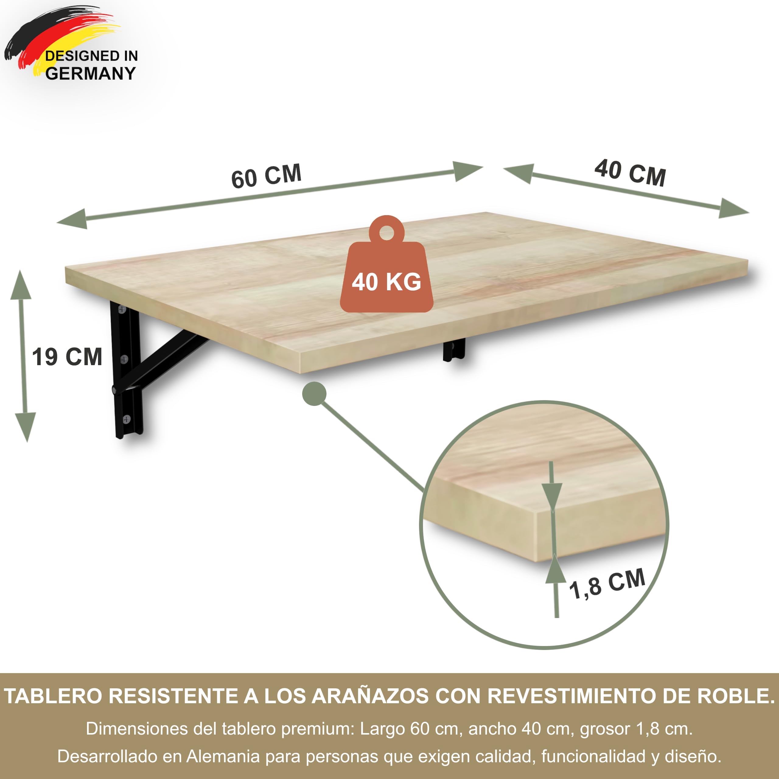 KDR Mesa plegable de pared de 60 x 40 cm, mesa plegable para montaje en pared, mesa de pared que ahorra espacio, mesa de comedor, escritorio y mesa de cocina, ideal para espacios pequeños y oficina en