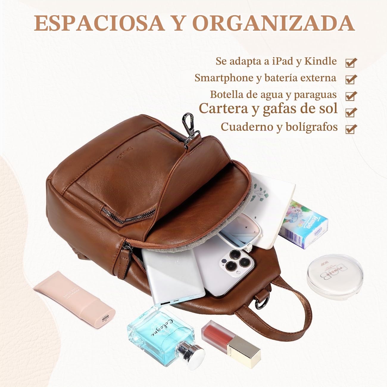 RAVUO Mochila Mujer Pequeña Casual Bolso Mochila Bandolera de Cuero PU Moda Bolsos Pecho de Piel Mini Crossbody Sling Bag para Viaje Trabajo,Marrón
