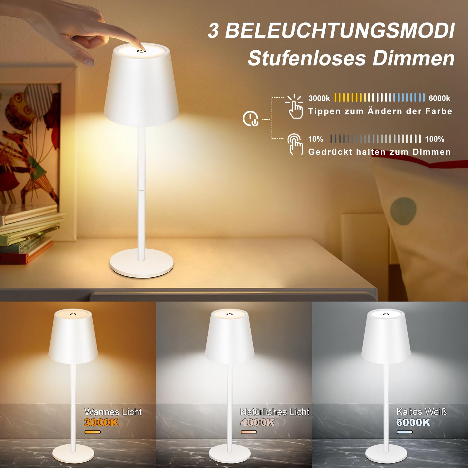 2 lámparas LED de mesa con batería, USB-C inalámbrica Lamparas de Mesa con 3 Temperaturas de Color Ajuste Tactil,5000mAh, IP54 resistente al agua, Adecuada para Interior,Exterior, Blanco