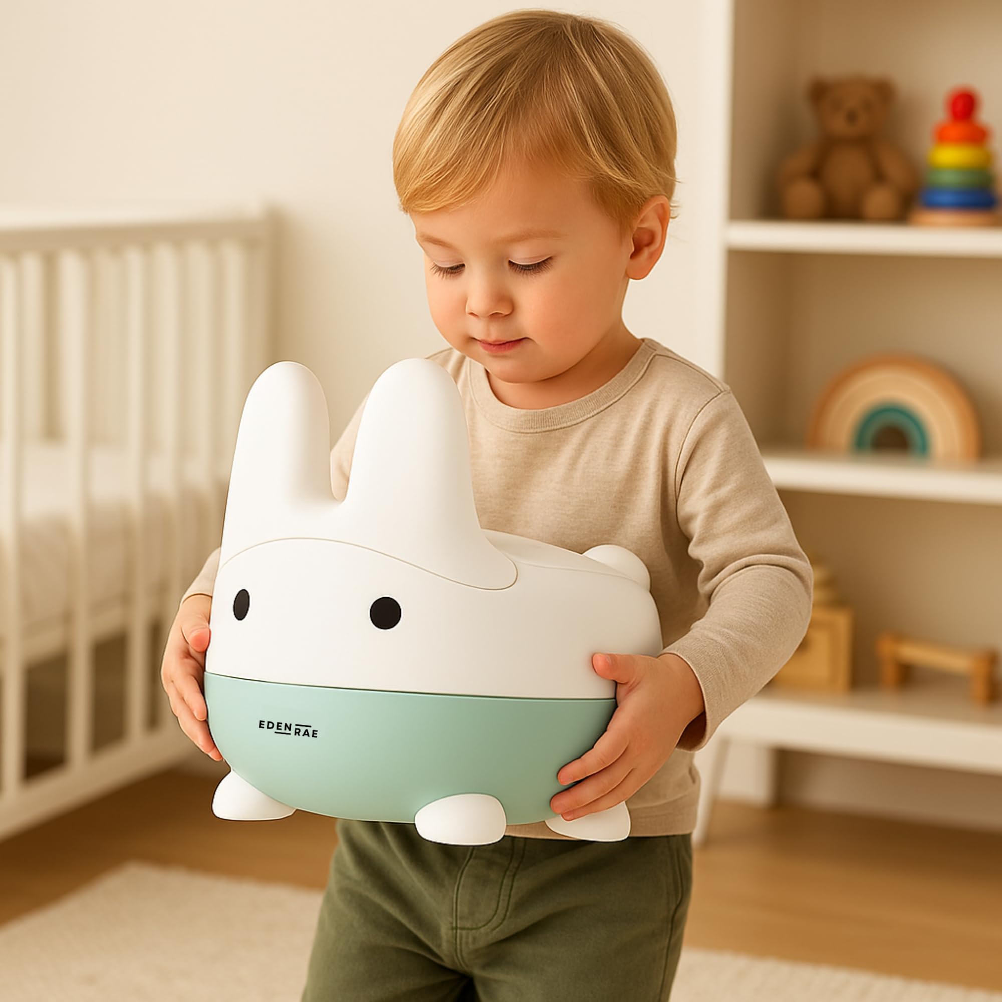 EDEN RAE® Orinal para niños – Cómodo inodoro infantil con tapa y diseño de conejo, ergonómico, antideslizante, sin BPA, incluye libro electrónico de entrenamiento y tarjeta de recompensas