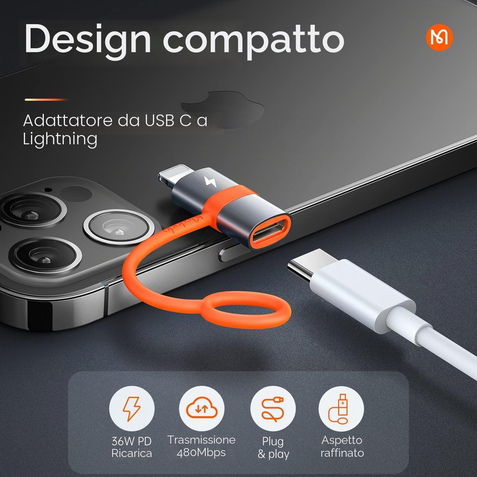 mcdodo Adattatore USB C a Lightning, adattatore Lightning USB C,PD 36W Supporto per ricarica rapida e sincronizzazione compatto per iPhone (1 pezzi)
