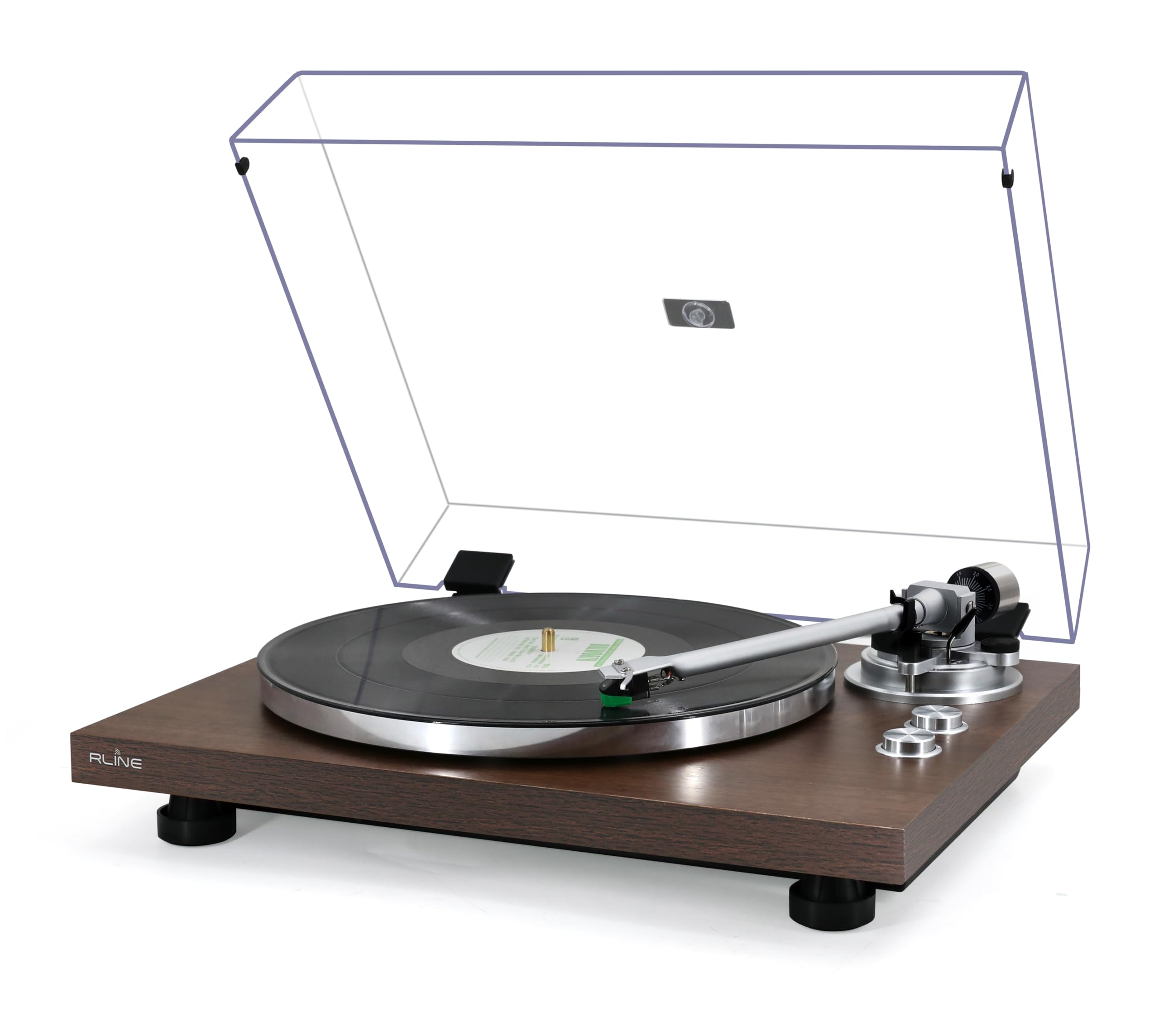 RLINE Gramofon winylowy Bluetooth, orzech włoski, odtwarzacz winylowy 33 i 45 obrotów, talerz ciśnieniowy 12" aluminium, wkład magnetyczny VM-95E, aktywny przedwzmacniacz, funkcja zapobiegająca