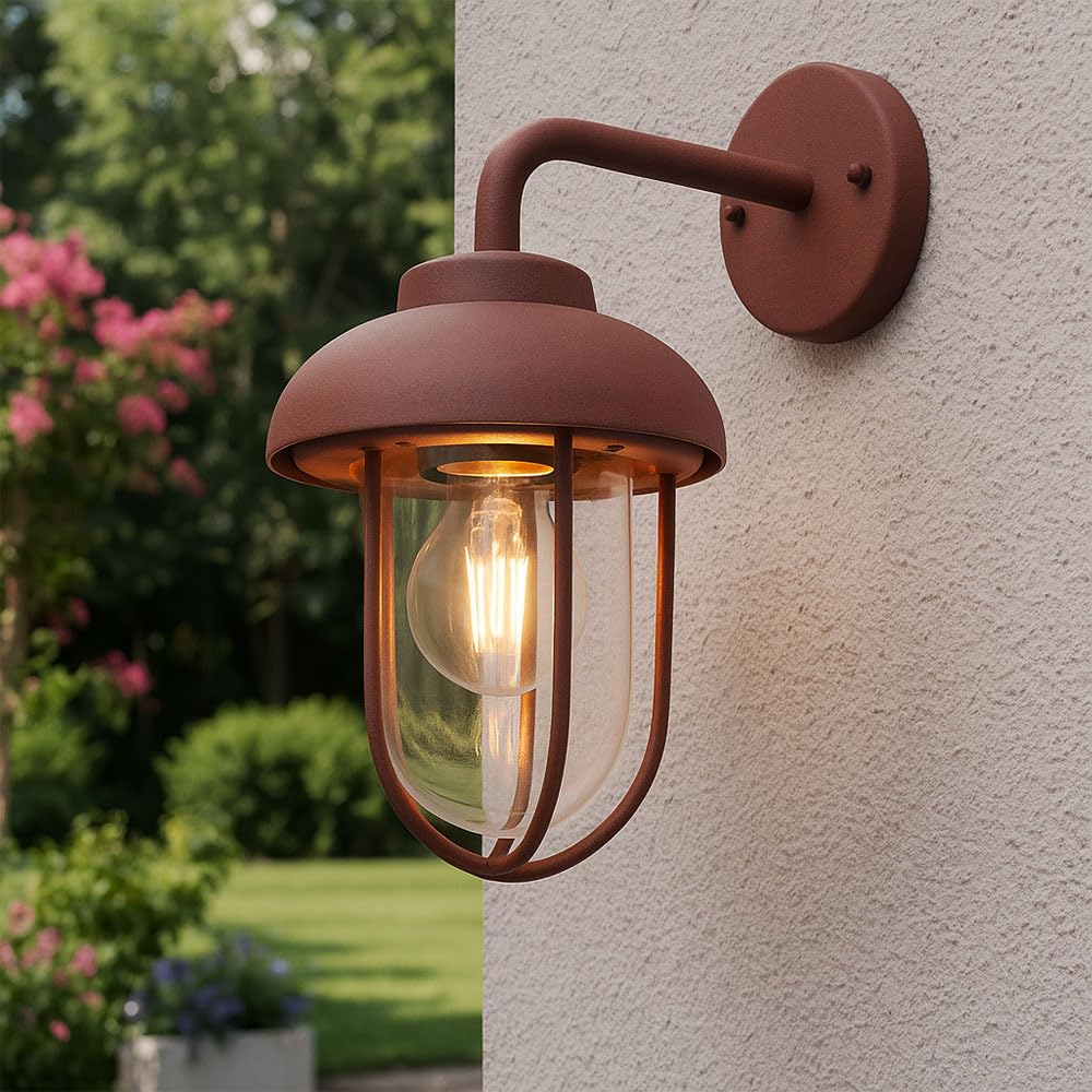 Trio Leuchten Duero 202760124 - Lampada da parete per esterni, in alluminio pressofuso, vetro trasparente, 1 lampadina E27, colore: Ruggine