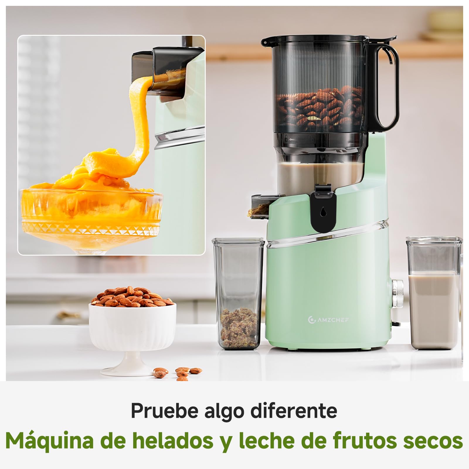 AMZCHEF Extractor de jugo automático con manos libres, apertura de 135 mm y capacidad de 1,8 L, extractor de zumo de frutas y verduras enteras, extractor de jugo lento de 250 W con triple filtro-Verde