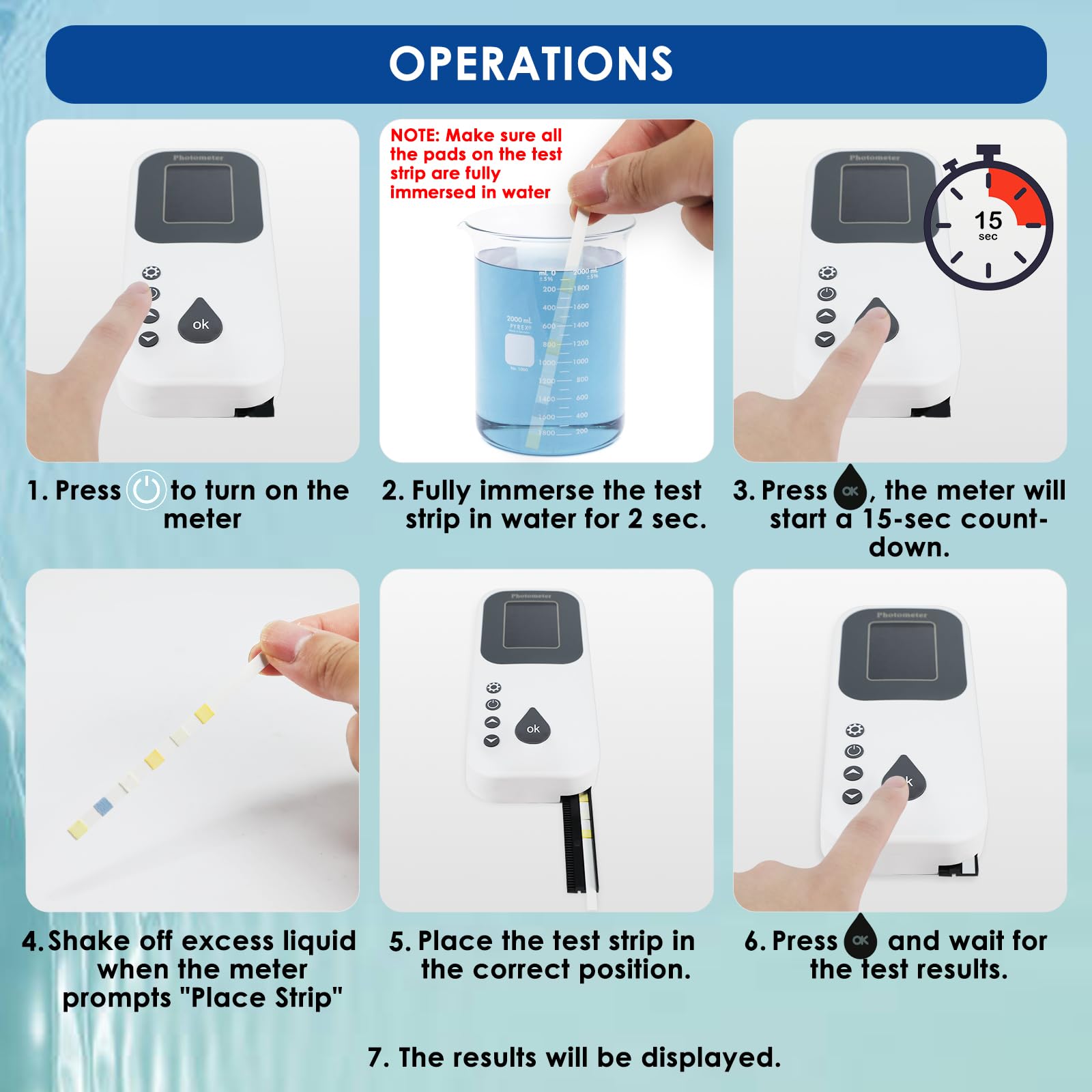 Kit Digital 7 en 1 para Análisis del Agua de Piscinas Medidor de pH, Cloro, Bromo, Dureza y Alcalinidad, Registro de Datos, Puerto USB con Analizador de Agua y Tiras Reactivas para Piscinas y Spas