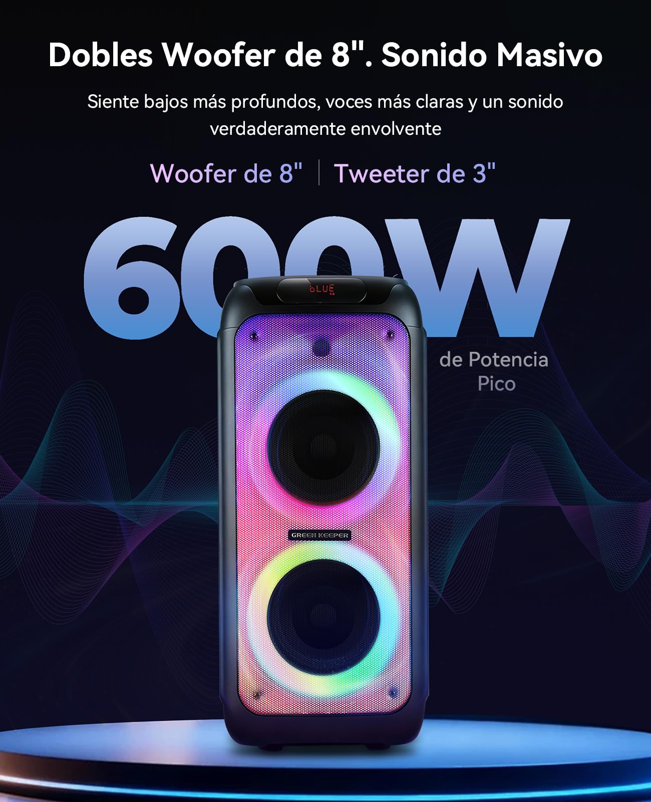 GKD80 Karaoke para Adultos con 2 Micrófonos UHF Inalámbricos, Altavoz Bluetooth de 600 W con Dos Subwoofers de 8", Altavoz Portátil con Control Remoto y Ruedas, para Eventos al Aire Libre y Fiestas