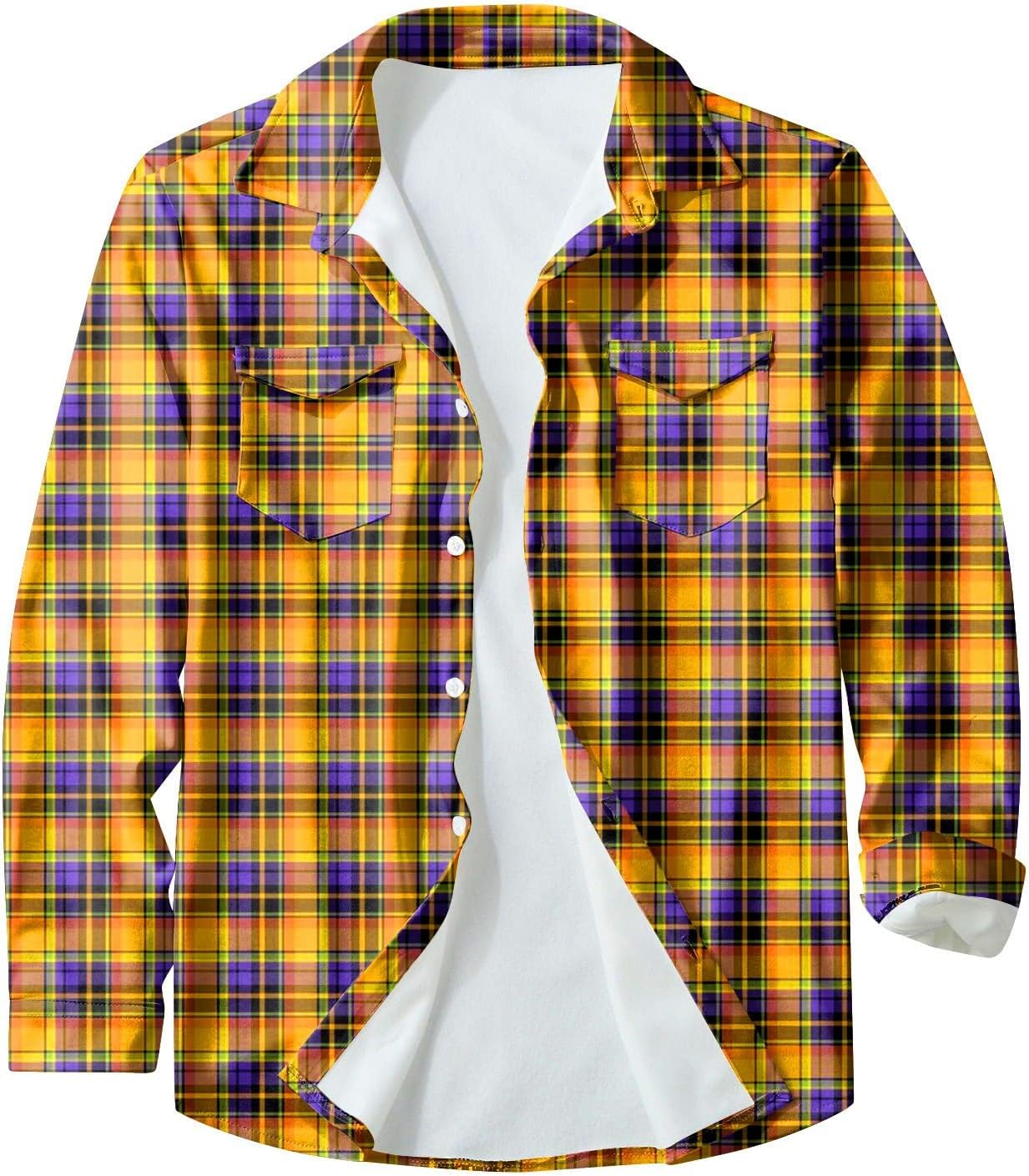 Ymosrh Men's Fall Shirts Button Up Long Sleeve Casual Plaid Print Button Down Shirts, L-6XL