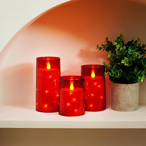 Miniatura 5 de Amagic Juego de 3 velas rojas sin llama, velas parpadeantes que funcionan con pilas, guirnalda de luces incrustadas, vela realista con control