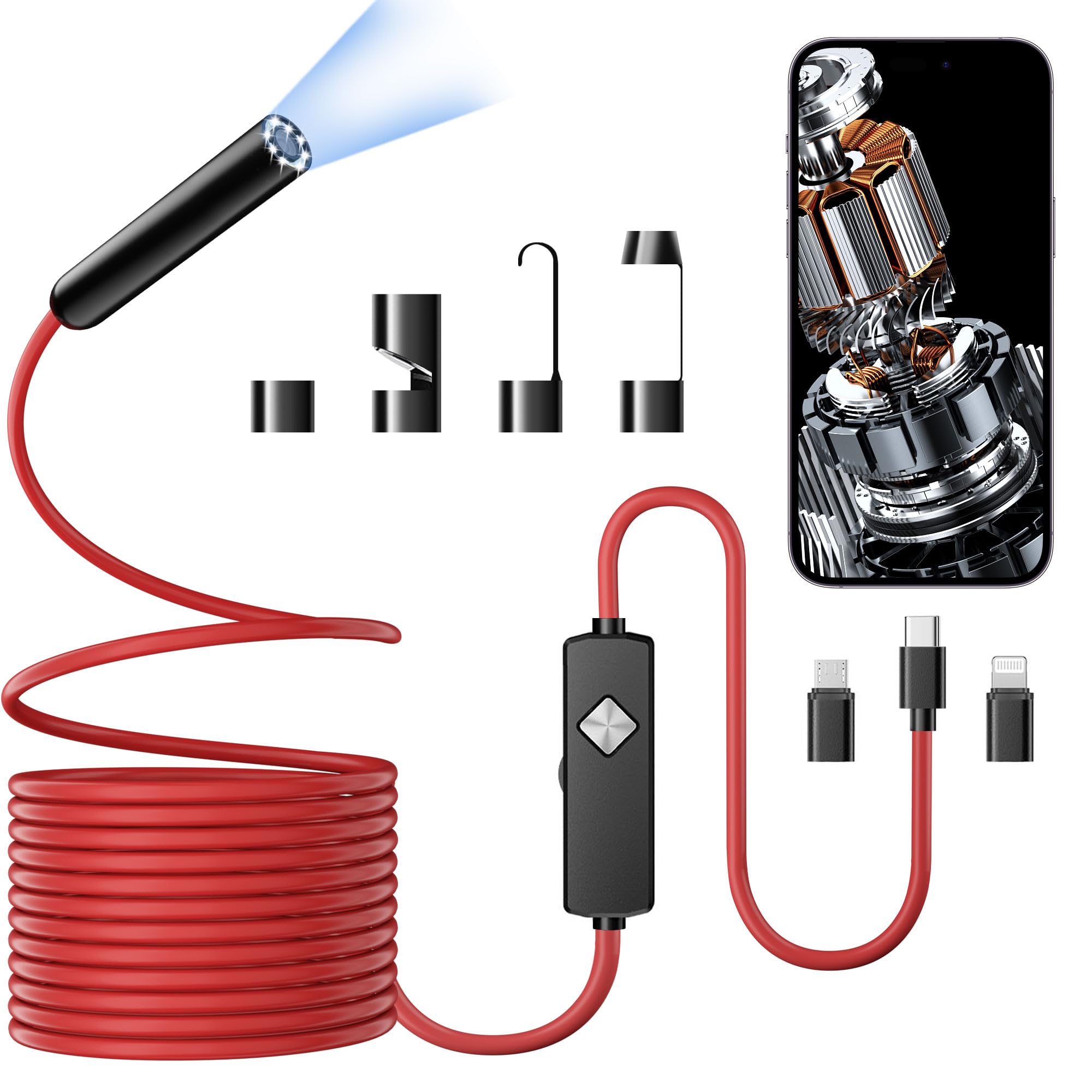 Endoscope with Light, 1920P HD Borescope with 8 Adjustable LED Lights, Semi-Rigid Snake Camera, IP67 Waterproof Inspection Tool (16.4ft, Red + Single Lens Wiring Harness)