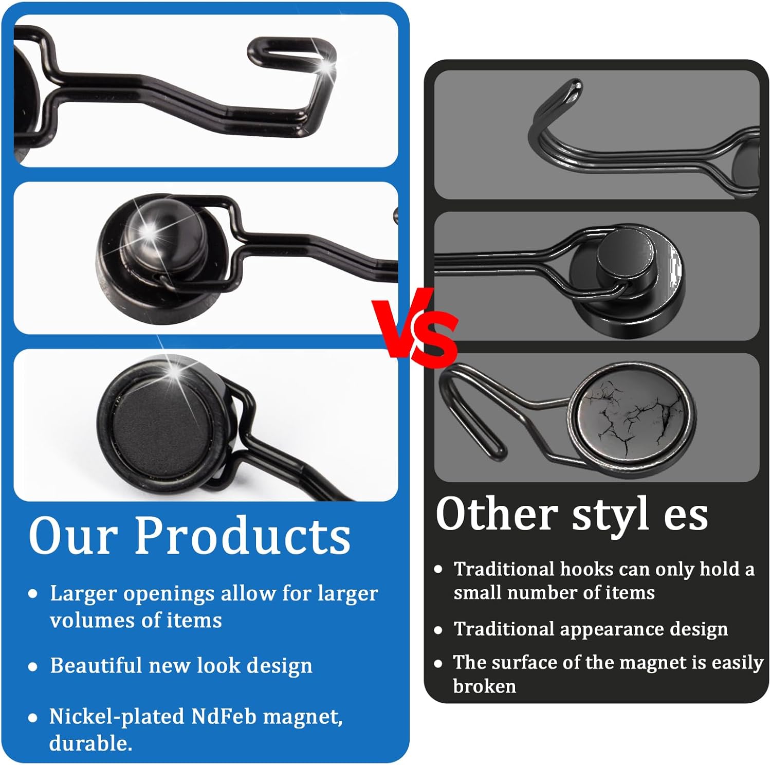 Magnetic Hooks for Cruise Cabins, Small Neodymium Magnets with Hook for Fridge, Classroom, Keys, Garage, Ktichen, Office & Outdoor Use - Pack of 6 (Black)