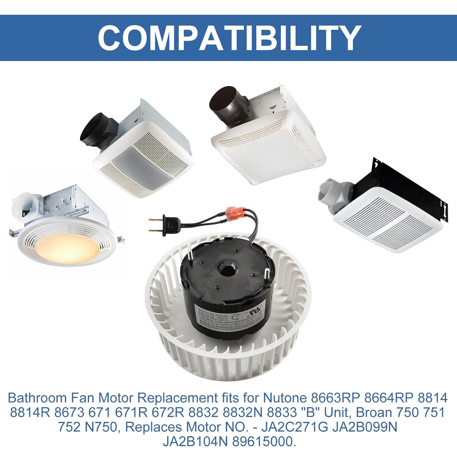 Upgrade 8663RP 8664RP Bathroom Fan Motor Replacement & Fan Blower Wheel Assembly Fits for Broan Nutone 8663RP 8664RP 8814 671RB 672RB 8832N B Unit 750 751 Exhaust Fan Parts