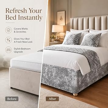Extra Deep Crushed Velvet Double Divan Bed Base Cover Elasticated Sheet Frame Covers Bed Skirt Wrap Valance Sheets (Silver Grey, Double)