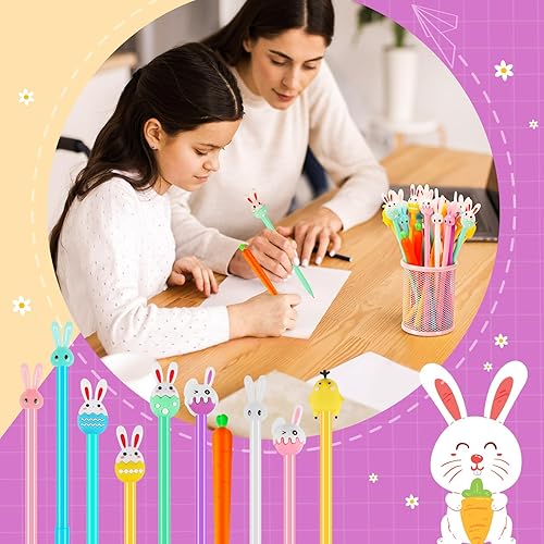 Miniatura 5 de SANNIX 50 bolígrafos de Pascua de dibujos animados, conejo, conejo, zanahoria, bolígrafo de tinta de gel a granel, lindos y divertidos bolígrafos de